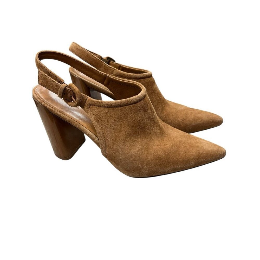 VINCE Women's 9M Prya Tan Suede Slingback Mule Heel Pump 4" Marbled Heel